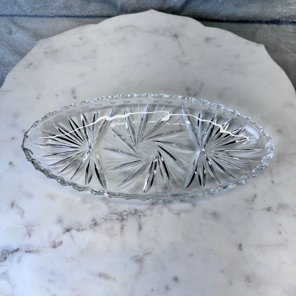 Vintage Clear Pressed Glass Starburst Pinwheel Oval Relish Dish Serving Tray MCM